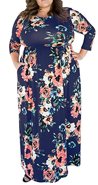 Plus Size Empire Waist 3/4 Sleeve Maxi Dress with Pocket XL-4XL