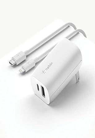 Belkin 37 Watt USB C Wall Charger - Power Delivery 25W USB C Port   12W USB A Port for PPS Charging with USB-C to Lightning Cable Included, iPhone 14, 14 Pro, 14 Pro Max, Samsung Galaxy, & More