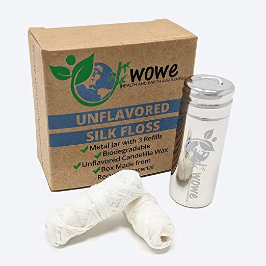 Wowe Natural Biodegradable Peace Silk Dental Floss with Candelilla Wax, Refillable Stainless Steel Container and 3 Refills - 6 Month Supply, 99 Yards Total… (Unflavored)