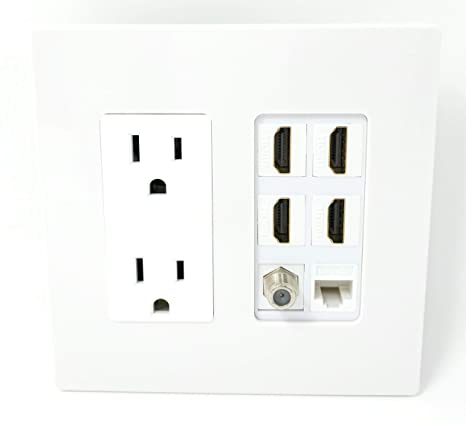 RiteAV 15A Power Outlet 4 Port HDMI 1 x Cat5e Ethernet Coax Cable TV Screwless Wall Plate