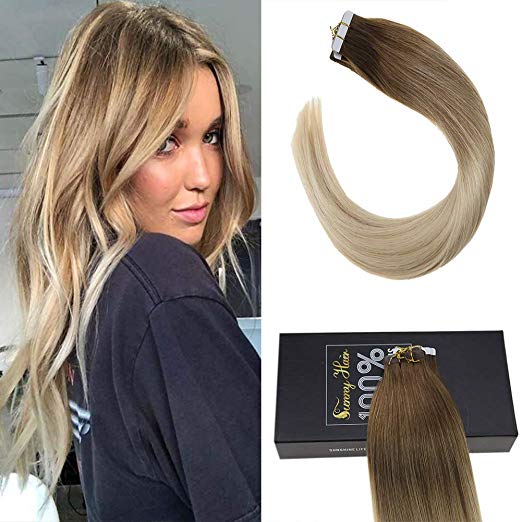 Sunny 20" Tape in Hair Extensions Human Hair Ombre Blonde Balayage Brown to Bleach Blonde Skin Weft Seamless Hair Extensions Tape in 20pcs 50g