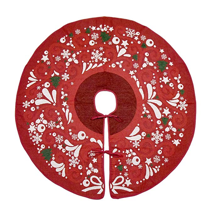 Primode Red Xmas Tree Skirt 50", Jacquard Stitched Woven in Holiday Images, Holiday Tree Ornament Decoration