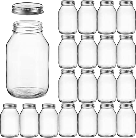 Glass Regular Mouth Mason Jars, Glass Jars with Silver Metal Airtight Lids for Meal Prep, Food Storage, Canning, Drinking, Overnight Oats, Jelly, Dry Food, Spices, Salads, Yogurt (20 Pack) (32 Ounce)