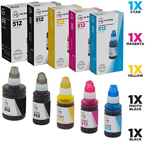 LD Remanufactured Ink Bottle Replacements for Epson 512 (Black, Cyan, Magenta, Yellow, Photo Black, 5-Pack)