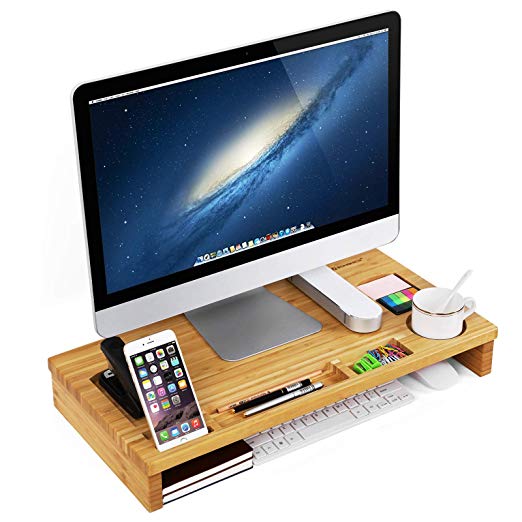 SONGMICS Bamboo Monitor Stand Riser, Desktop Organiser for Laptop, Phone, TV, Printer LLD201