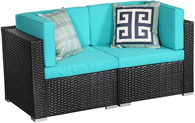 LUCKWIND Patio Conversation Sectional Sofa Chair Table – LOVESEAT All-Weather Black Checkered Wicker Rattan Seating Cushion Patio Ottoman Modern Glass Coffee Table Outdoor Accend Pillow (Green)
