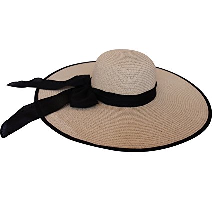 Womens Big Bowknot Straw Hat Foldable Sun Hat Beach Cap UPF 50  One Size Fits Most