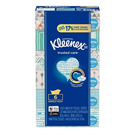 Kleenex Trusted Care Everyday Facial Tissues, Flat Box, 100 Tissues per Flat Box, 6 Packs