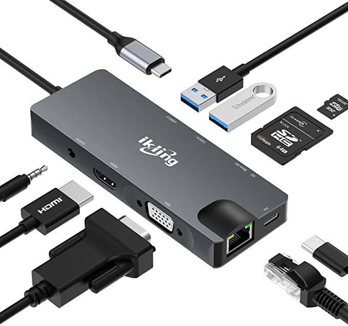 USB C Hub, 8-in-1 USB C Adapter with 4K ,USB C to HDMI, VGA, Gigabit Ethernet, 100W PD, 2 USB 3.0 , SD/TF Card Reader, USB C Dock ​Compatible with MacBook Pro/MacBook Air, and More Type C Device