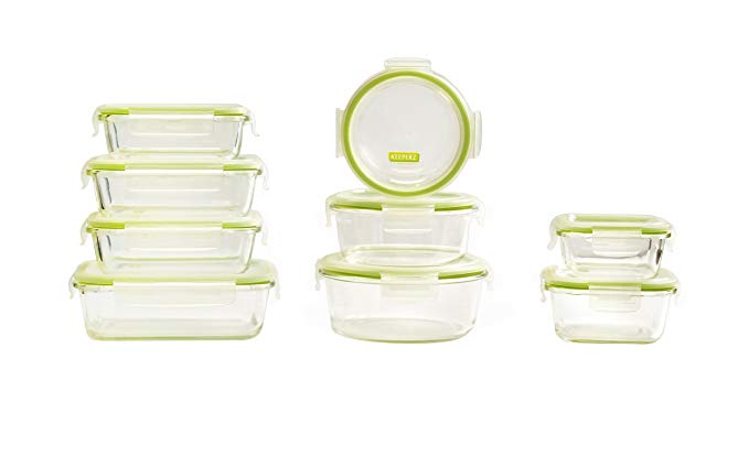Keeperz 18-Piece BPA-Free Glass Food Storage Set with Airtight Lids
