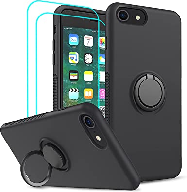 LeYi for iPhone 6 Case, iPhone 6s Case, iPhone 7 Case, iPhone 8 Case with Stand and 2 PCS Glass Screen Protector for Men Boys, Liquid Silicone Shockproof Protective Phone Case for iPhone 8, Black