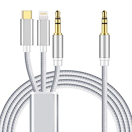 3 in 1 Car Aux Cable, Mxcudu 3 in 1 Headset Audio Cord Car Stereo Aux Cable Compatible with Google Pixel 3/3XL/2/2XL, OnePlus 7/7Pro/6T, Samsung Galaxy S10/S9, iPhone Xs/XR/8 Plus/7 and More (Silver)