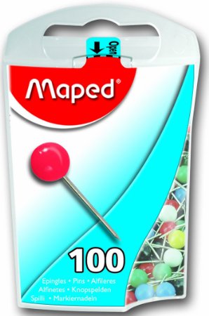 Maped Map Pins in Reusable Plastic Case, 100 Pins per Box, Assorted Colors (346011ZC)