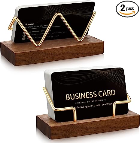 Amyhill 2 Pieces Wood Business Card Holder Gold Card Holder Stand Metal Name Card Organizer Name Card Business Card Display Holders for Desk Office Home Decoration (Classic Style)