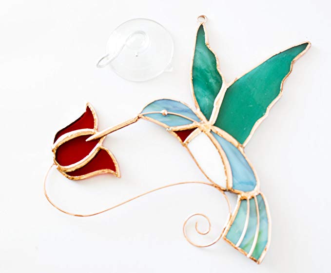 Beautiful Copper & Stained Glass Hummingbird Sun Catcher With Red Flowers - Perfect Gift for Hummer Lovers!