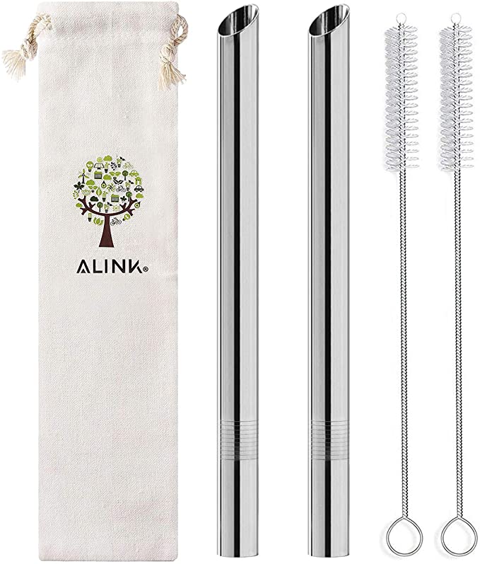 [Pointed Design] ALINK Reusable Metal Boba Straws, 1/2" Wide Stainless Steel Smoothie Straws for Bubble Tea/Tapioca Pearl, Milkshakes, 2 Straws   2 Cleaning Brush   1 Case