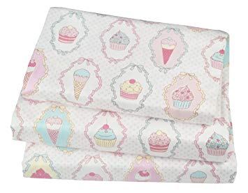 J-pinno Cute Cartoon Ice Cream Cup Cake Printed Twin Sheet Set for Kids Girl Children,100% Cotton, Flat Sheet + Fitted Sheet + Pillowcase Bedding Set