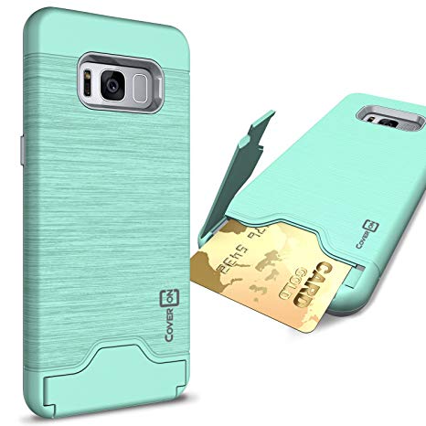 CoverON SecureCard Series Galaxy S8 Case, Credit Card Holder Hybrid Phone Cover with Faux Brushed Metal Design - Mint Teal