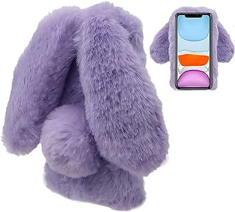 LCHDA Rabbit Case for Samsung Galaxy A13 5G, Cute 3D Bunny Ears Soft Furry Hairball Fuzzy Winter Warm Faux Fur Plush Fluffy Flexible TPU Bumper Women Girls Protective Skin Cover - Purple