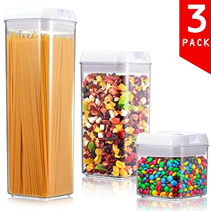 ME.FAN Air-Tight Food Storage Container Set - 3-Piece Set - Durable Seal Pot- Cereal Storage Containers - For Dry Foods & Liquids - Kitchen Space Saving - BPA Free - Clear Containers with White Lids