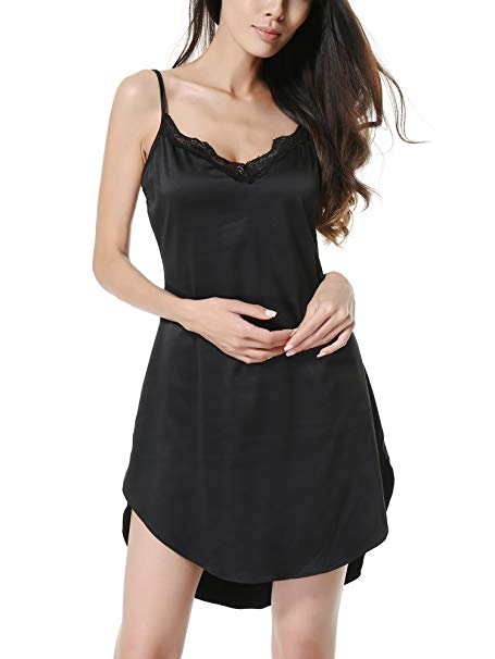 Women Silk Chemise Sexy V-Neck Lingerie Nightwear Satin Sleepwear Lace Nightgown Mini Teddy