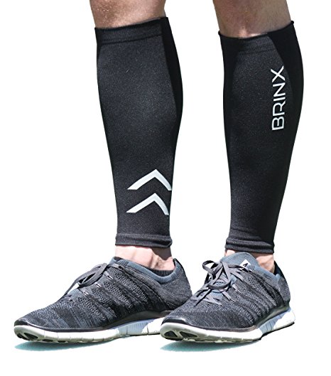 Calf Compression Sleeve (1 Pair)- Brinx Reflective Leg Compression Socks for Running, Cycling, Sports, Shin Splint Relief, and Improved Circulation