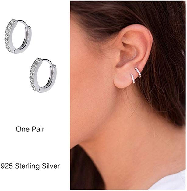 925 Sterling Silver Small Hoop Earrings Cubic Zirconia Cartilage Earring Earing Piercing Earrings Ear Cuff Huggie Tiny Hoops Earrings for Women Girls Men