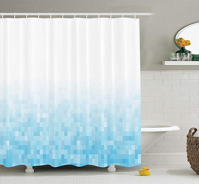 Ambesonne House Decor Collection, Sea Ocean Diamond Squares Image and Shapes Monochromatic Design Pattern, Polyester Fabric Bathroom Shower Curtain, 84 Inches Extra Long, Light Blue White