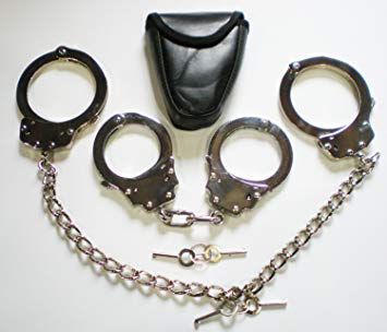 SIlver / Nickel POLICE Handcuffs And Leg Cuffs Combo Package With Case Double Locking