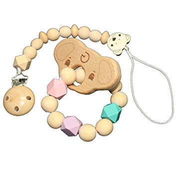 Baby Pacifier Clip Holder for Boy Girl, Baby Teether Toys BPA Free Organic Wood Beads Neutral Lovey Pacifier Holder for Infant Newborn Baby Shower Gift (Neutral)