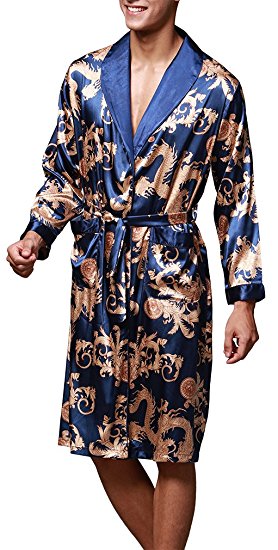 FLYCHEN Men's Shawl Collar Kimono Robe Satin Floral Bath Sleepwear