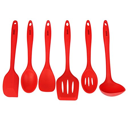 ZOER Premium Silicone Kitchen Cooking Utensils Set (6 Piece) in Hygienic Solid Coating - Heat Resistant Baking Tools (Cherry Red)
