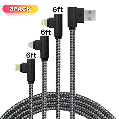 90 Degree Right Angle iPhone Charger 6FT 3 Pack Fast Charging Data Cable Nylon Braided Compatible with iPhone Xs Max/XS/XR/7/7Plus/X/8/8Plus/6S/6S Plus/SE(Black Gray)