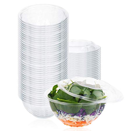 Plastic Salad Bowls (50 Count) 32 oz. Disposable Salad Bowls with Lids - To-Go Container With Airtight Lids