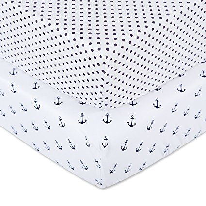 TILLYOU Printed Crib Sheets Set for Baby Bed, 2 Pack - 100% Woven Cotton Fitted Crib Mattress Sheet, Soft & Breathable Toddler Sheets 28"x52" - Nautical Anchors & Purple Dots