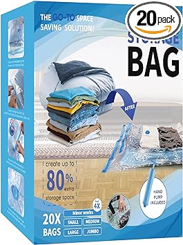 20 Pack Vacuum Storage Bags, Space Saver Bags with Hand Pump, Vacuum Seal Bags for Clothing, organization and storage Comforters, Pillows, Towel, Blanket Storage, Bedding,moving supplies.