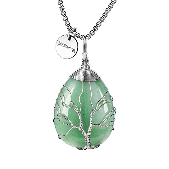 JADENOVA Family Tree Necklace Tree of Life Gemstone Pendant Handmade Teardrop Pendant Necklace 24'' Stainless Steel Chain