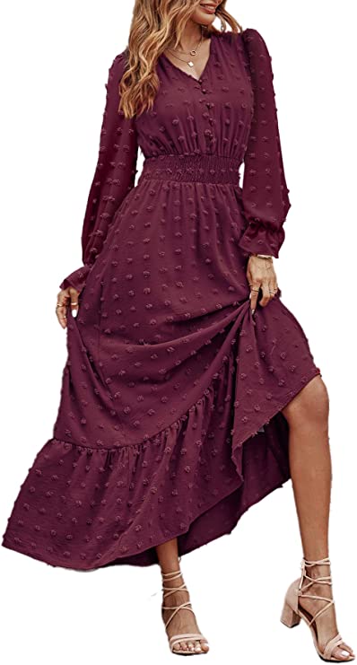 MASCOMODA Women Boho Maxi Dress Long Sleeve V Neck Swiss Dot Smocked High Waisted Button A-Line Ruffle Tiered Fall Long Dress