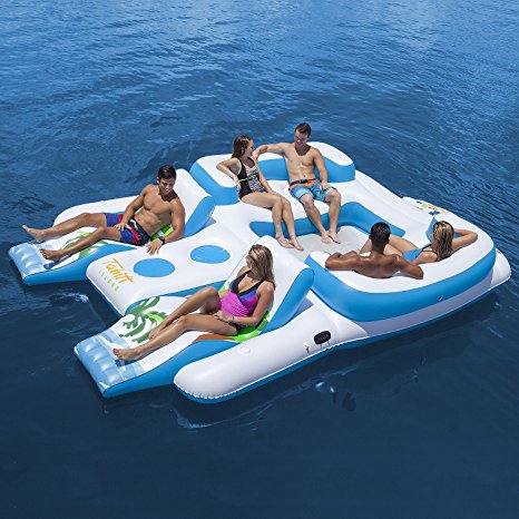 Inflatable Floating Island for 6 Person & 2 Contoured Suntan Lounges & Built In Cooler