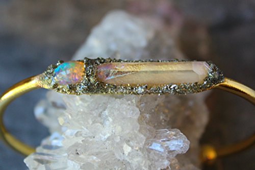 Boho Raw Crystal Cuff Bracelet Jewelry with Gemstone Angel Aura Quartz and Birthstone Opal
