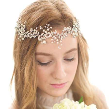 FAYBOX Handmade Crystal Rhinestones Wedding Head Band Bridal Hair Accessorie Headpieces Silver-tone