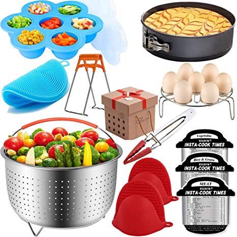 Premium Instant Pot Accessories Set 12 – Fits 6, 8 QT InstantPot. Steamer Basket, Springform Pan, Egg Rack, Silicone Egg Bites Mold, Cheat Sheet Magnets, Bowl Clip, Tong and Mini Mitts& Silicone Scrub