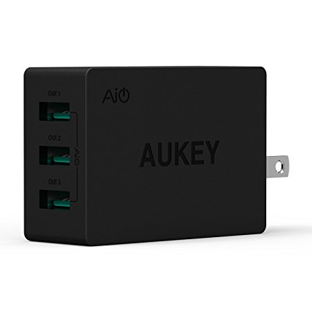 Aukey 2nd Gen 30W / 6A USB Travel Wall Charger Adapter with AlPower Tech (Foldable Plug with 3 Ports) for Apple, Android and other USB Powered Mobile Devices - Black