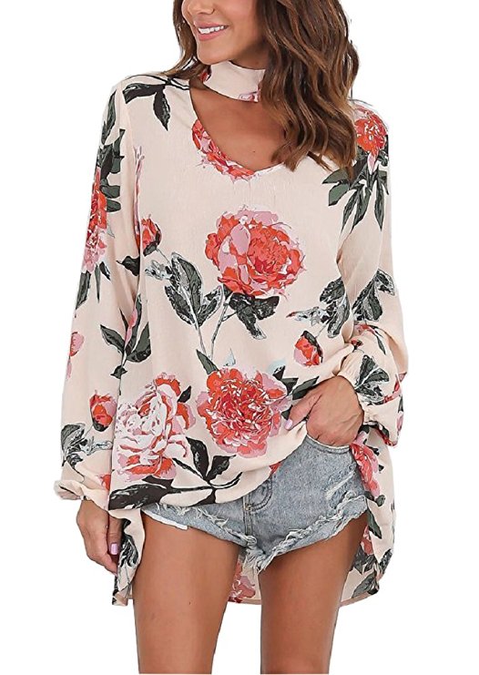 Floral Season Women Chiffon Loose Choker Blouse Top Summer Long Sleeve V Neck Tops T Shirt