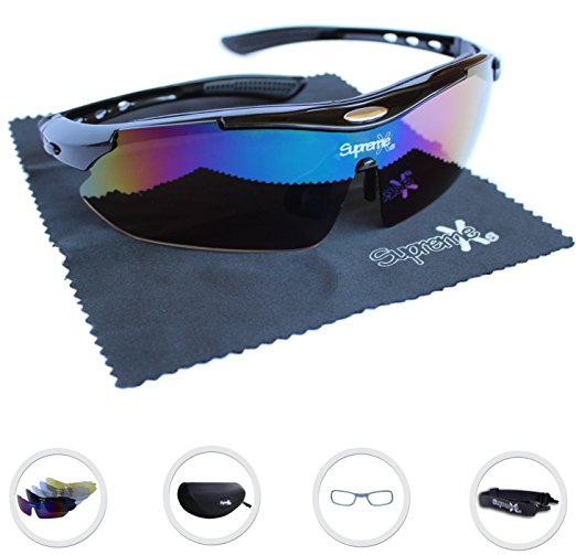 SupremeXs UV Protection Polarized Sports Sunglasses, 5 Interchangeable Lenses, TR 90 Frame, Myopia Lenses, Elastic Sport Belt for Running, Cycling, Skiing, Surfing - Neoprene Strap for Free