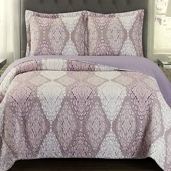 Finely Stitched Quilt Coverlet Shams Set Twin/Twin XL Size Extra Long Single Bed Mandala Medallion Pattern Lightweight Reversible Wrinkle Free Hypoallergenic Bedding Purple Plum