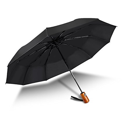 60Mph Windproof Umbrella Auto Open Close -210T Finest Reinforced Compact Fast Drying Folding Travel Umbrella 10 Ribs Frame,UV Protection, Solid Natural Wood Slip-Proof Handle for Men Women(Black)