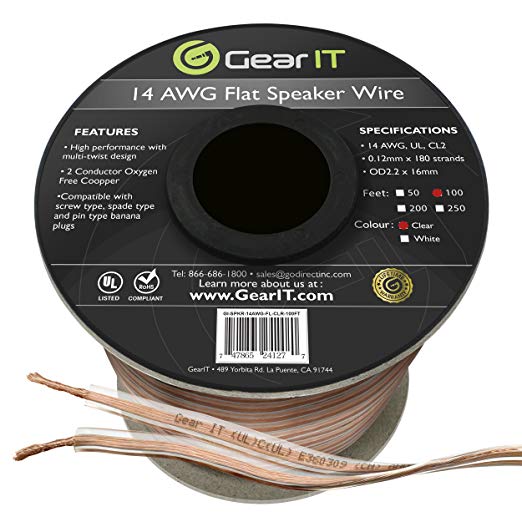 GearIT Elite Series 14AWG Flat Speaker Wire (100 Feet / 30.4 Meters) - Oxygen Free Copper (OFC) CL2 Rated in-Wall Installation for Home Theater, Car Audio, and Outdoor Use, Clear