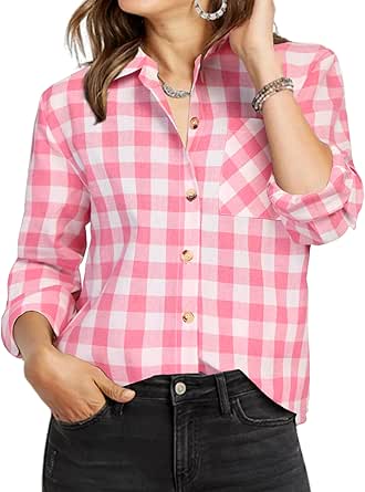 Zeagoo Womens Plaid Shirts Cotton Classic Long Sleeve Button Down Collared Casual Tops Lightweight Autumn Blouses