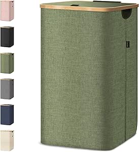 BALEINE Laundry Hamper with Lid, Tall Laundry Baskets with Bamboo Pull Handles, Large Laundry Bin with Internal Support (26 Gal/100L, Green)